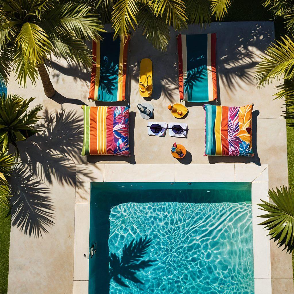 A stylish outdoor pool setting featuring diverse individuals confidently showcasing the latest swimwear trends, surrounded by vibrant patterns and tropical decor. Include colorful beach towels, sunglasses, and unique swim accessories that emphasize individuality and fun. Bright sunlight filters through lush palm trees, creating a welcoming atmosphere. super-realistic. vibrant colors. 3D.