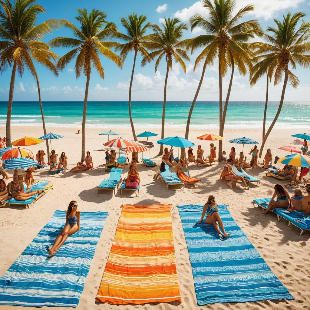 A sunlit beach scene showcasing a diverse group of people trying on various stylish swimwear in vibrant colors. Include a backdrop of palm trees and sand, with beach towels and sunglasses scattered around. The atmosphere is lively and inviting, highlighting different body types and swimwear styles. Capture a sunny, cheerful vibe with playful waves crashing in the background. bright colors. tropical theme. super-realistic.